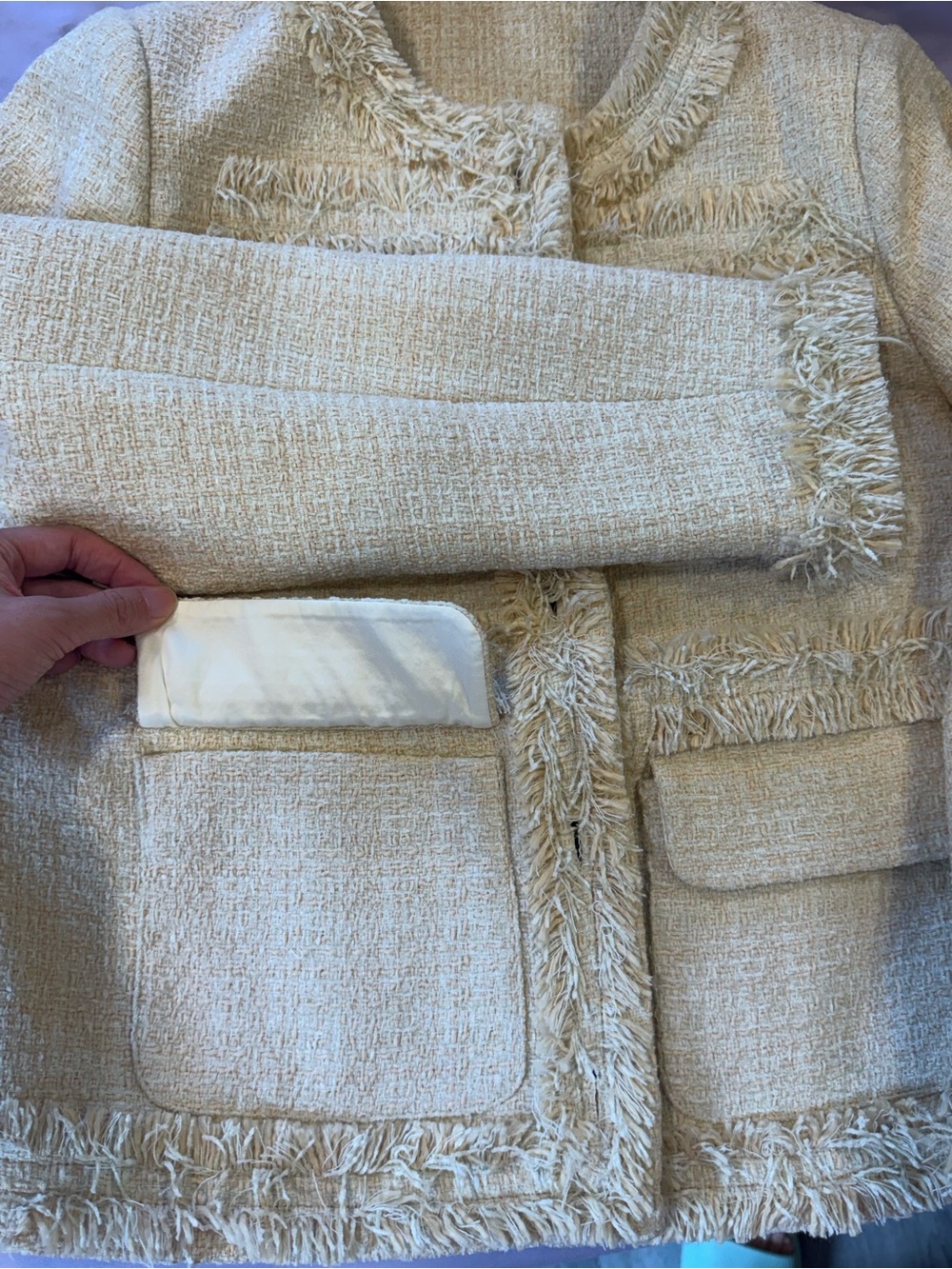 20%Wool Cream Boucle Tweed Jacket Fringe Trim Gold Button Blazer - Picture 6 of 10